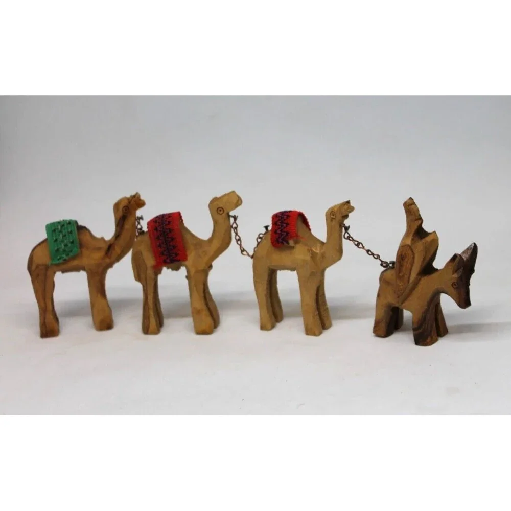 Vtg Donkey Camel Caravan Train Figurines Hand Carved Olive Wood Jerusalem 4 pc.